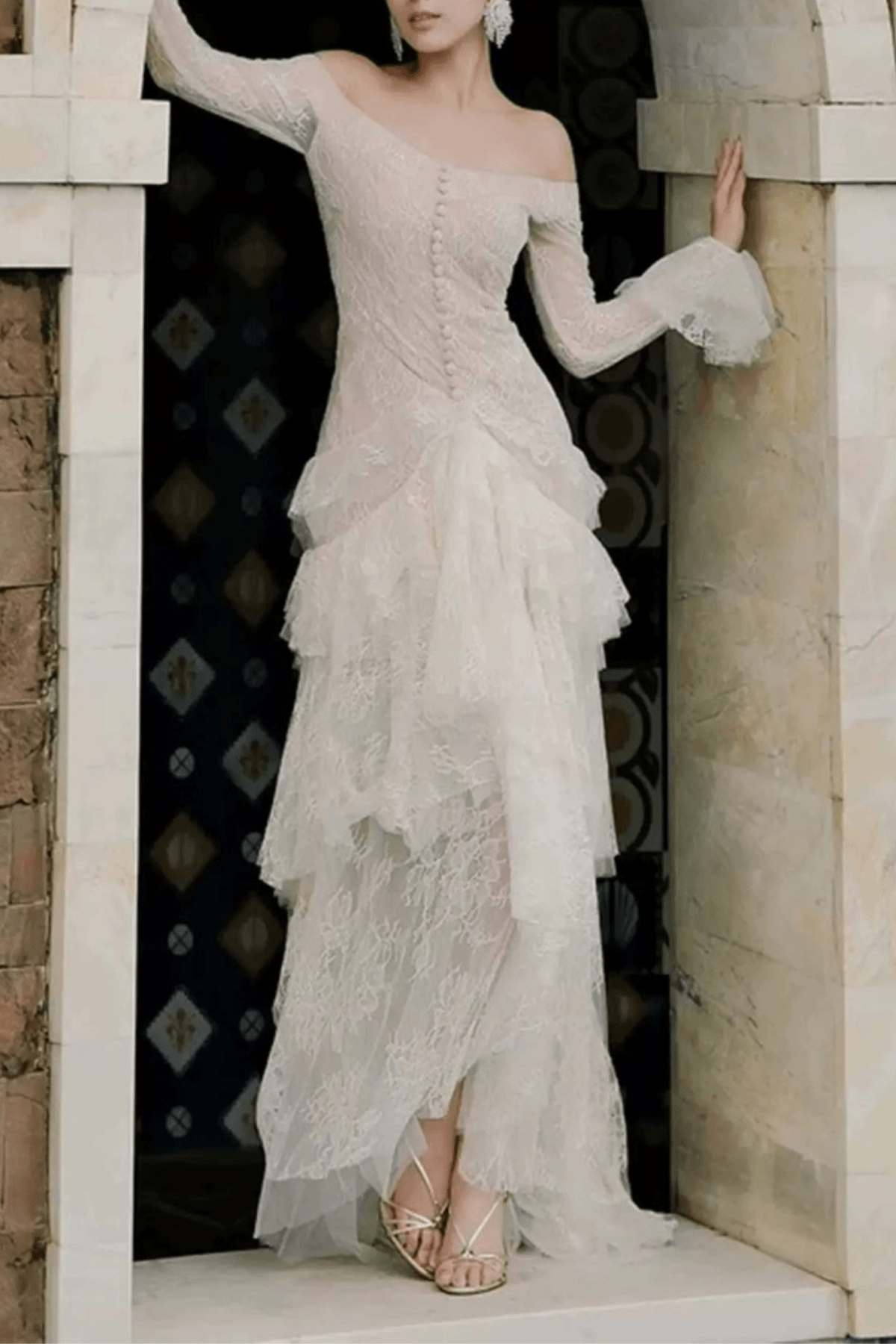 Julie White Lace Off Shoulder Long Sleeve Ruffle Maxi Dress Avalabel