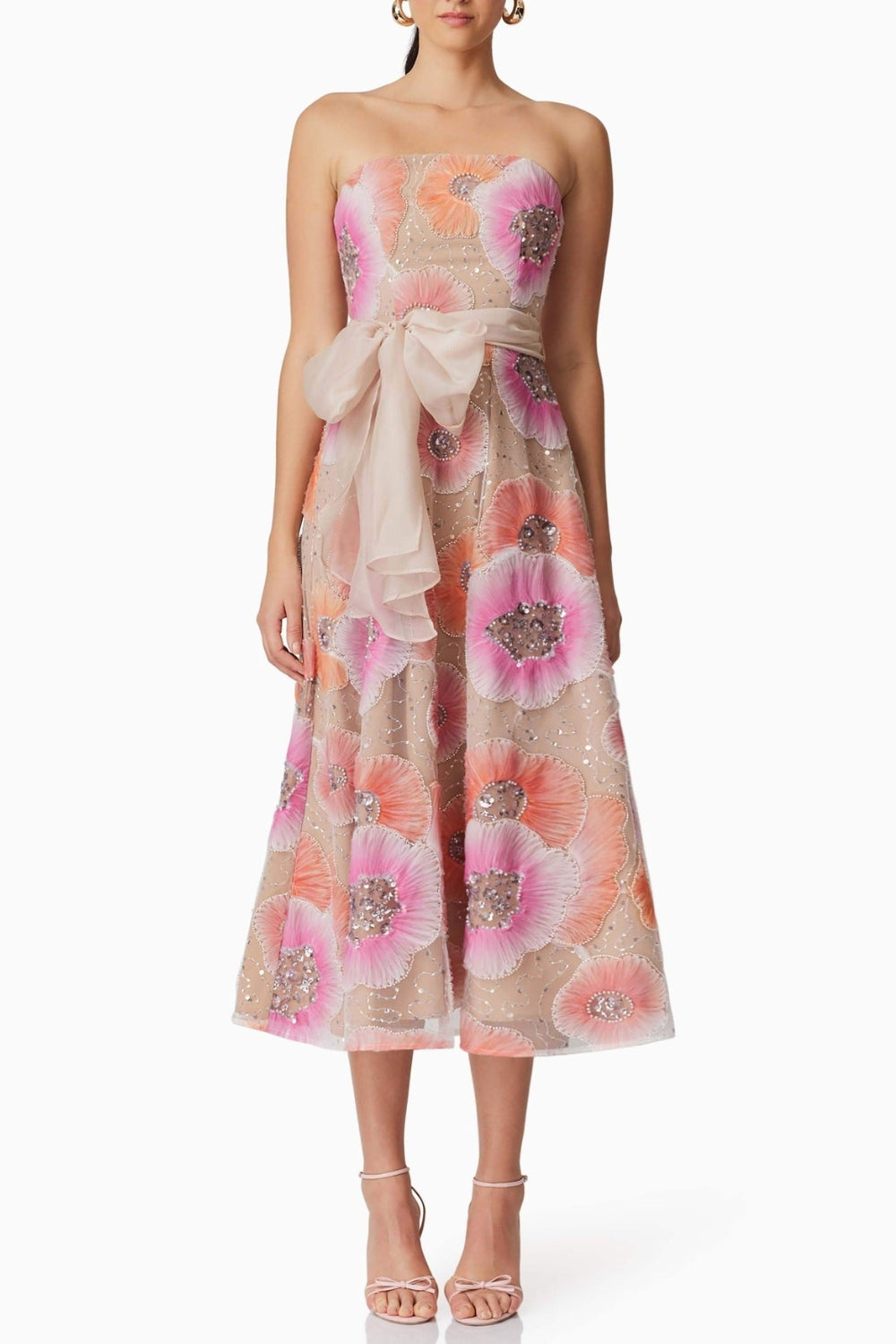Strapless Flower Sequin Embellished Midi Dress Avalabel