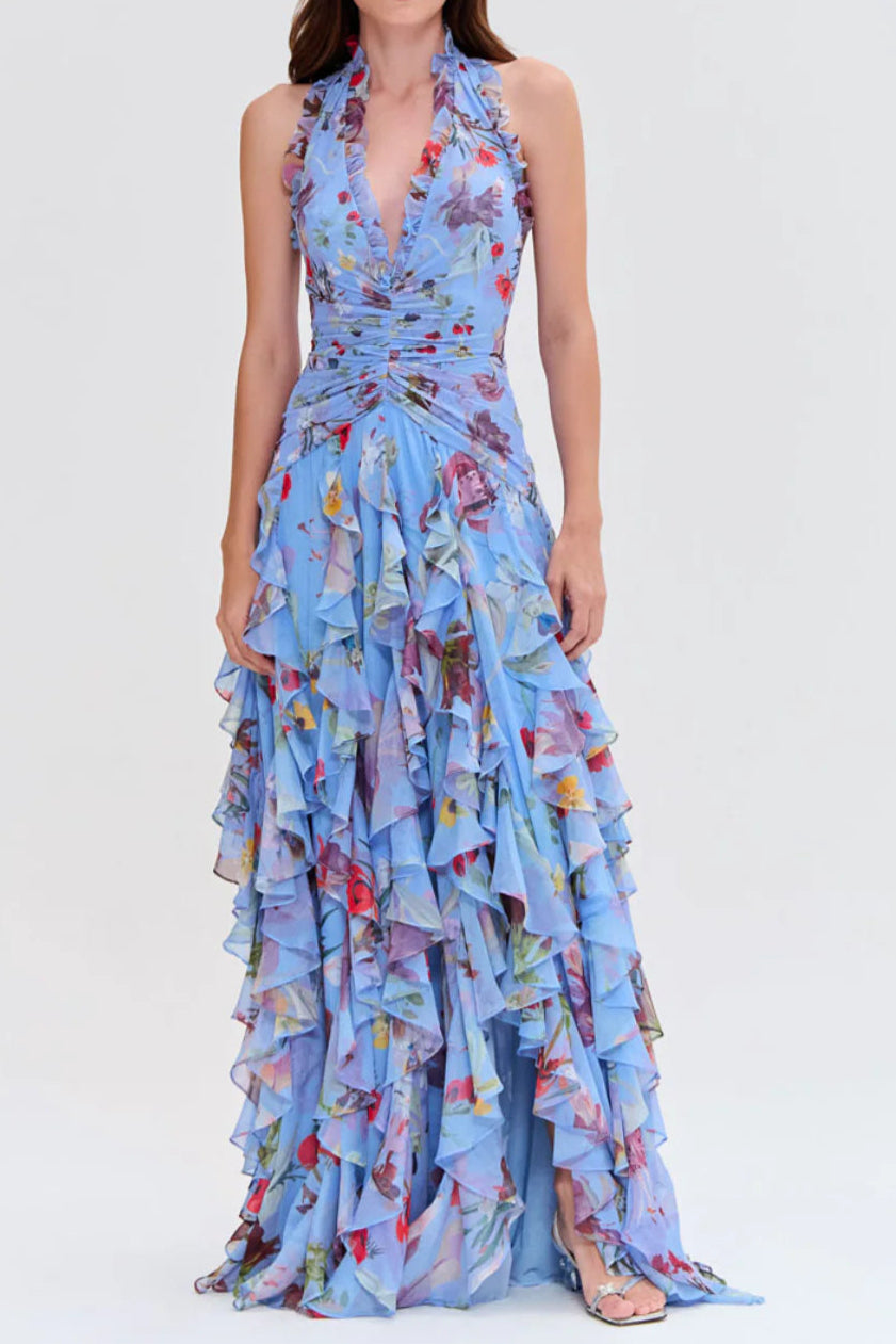 Floral Halter Ruffle Tulle Maxi Dress in Blue Avalabel