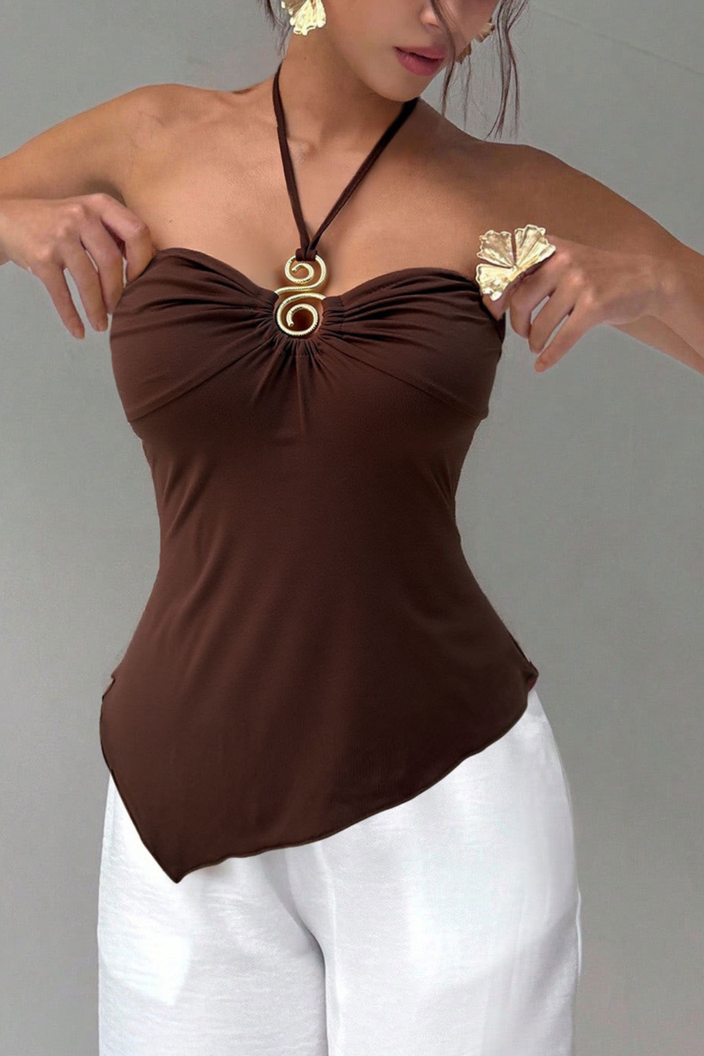 Elena Gold Spiral Metal Trim Strapless Milk Silk Slim Crop Top Avalabel