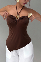 Elena Gold Spiral Metal Trim Strapless Milk Silk Slim Crop Top Avalabel