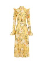 Daisy Print Butterfly Sleeve Midi Dress in yellow poava