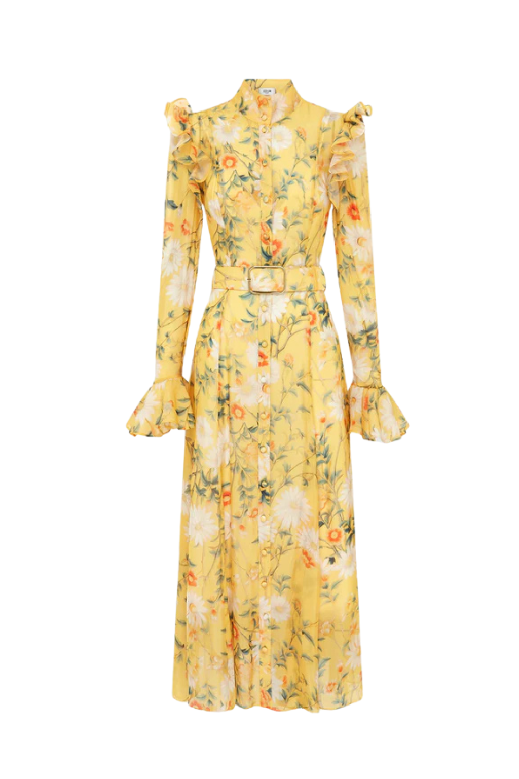 Daisy Print Butterfly Sleeve Midi Dress in yellow poava