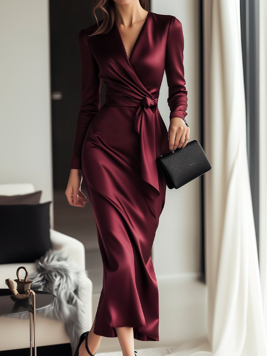 Timeless Burgundy Satin Wrap Dress with Waist Tie Detail Avalabel