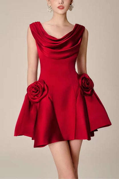 3D Flower Pleated Sleeveless Mini Dress Avalabel
