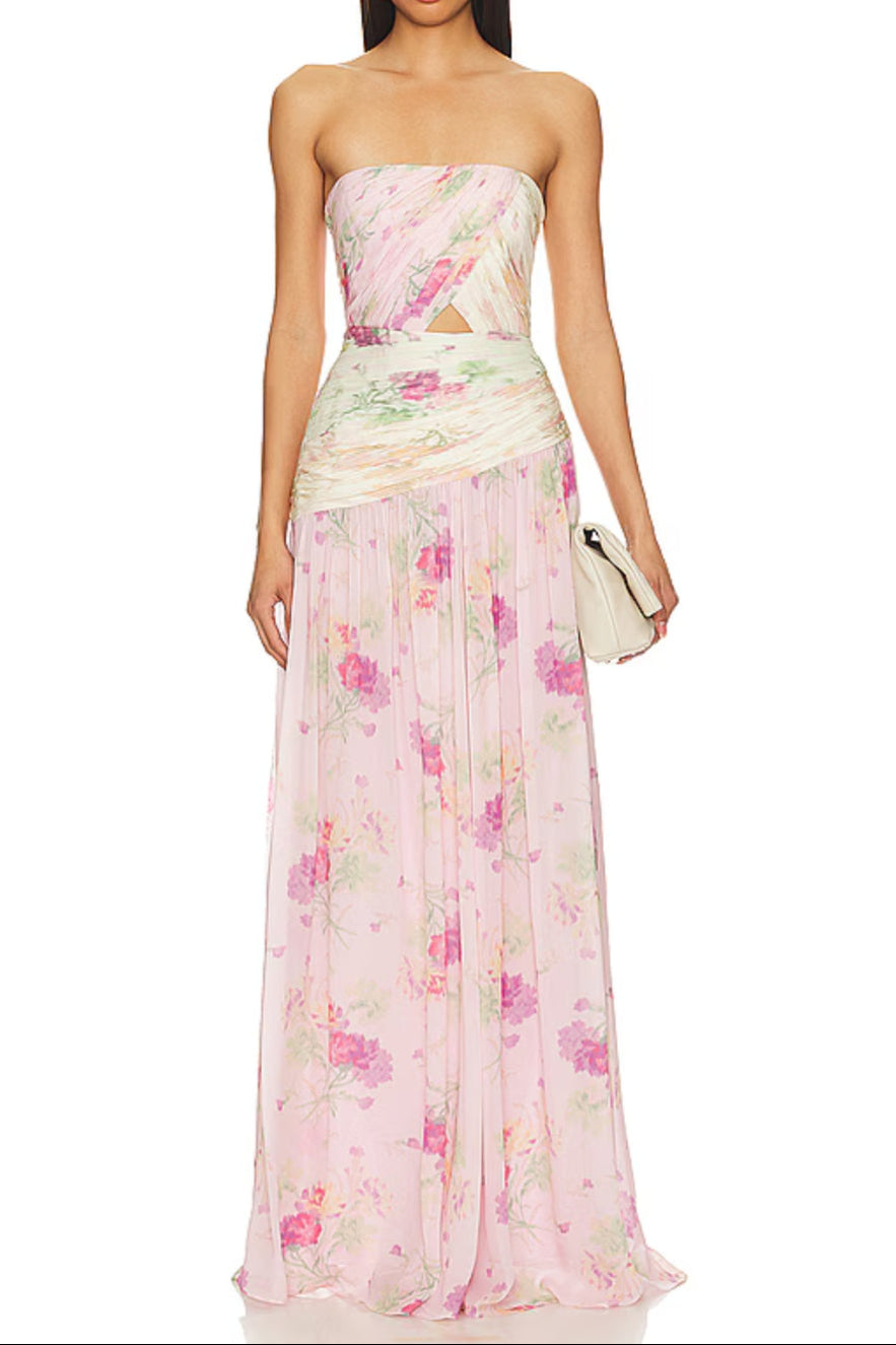 PINTIL STRAPLESS PLEATED FLORAL MAXI DRESS IN MULTI Avalabel
