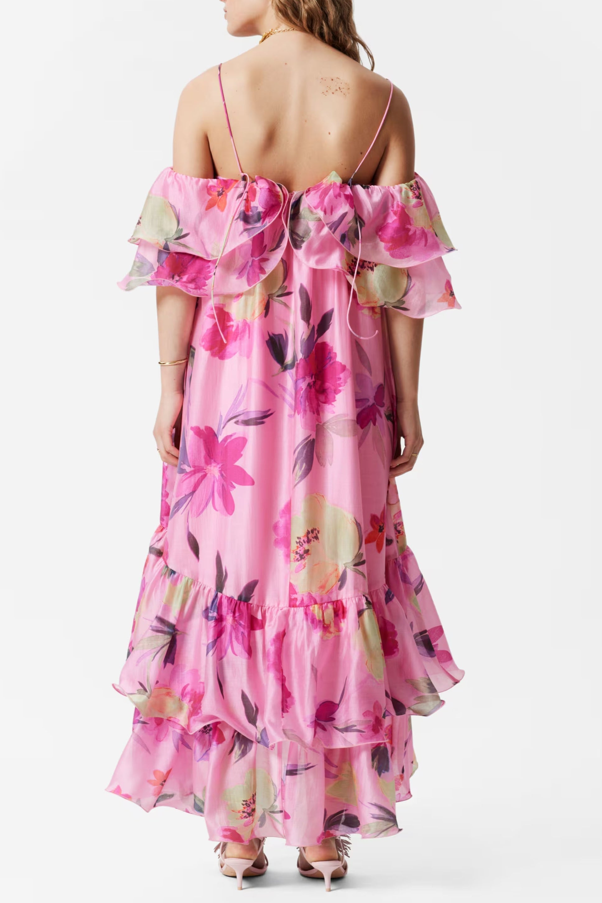 Hedwig Off-Shoulder Floral Printed Ruffle Maxi Dress in Rose Red Avalabel