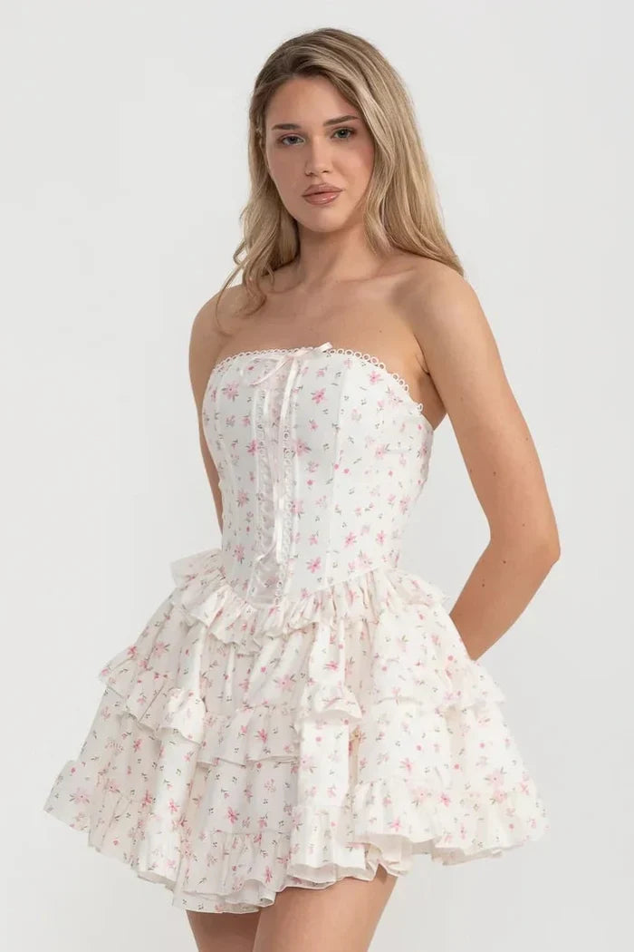 Martha Ruffle Printed Strapless Mini Dress in Pink Avalabel