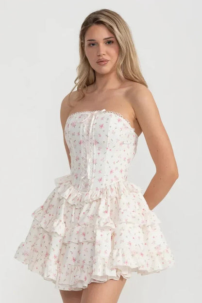 Martha Ruffle Printed Strapless Mini Dress in Pink
