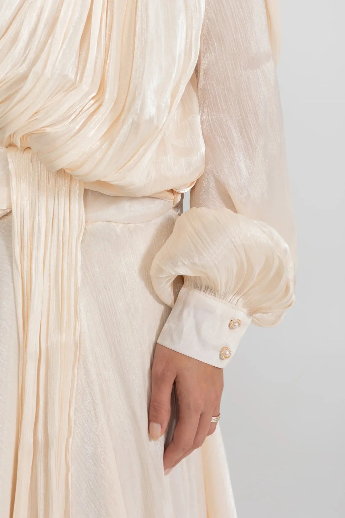ivory Pleated Bodice Draped puff sleeve Maxi Dress Avalabel