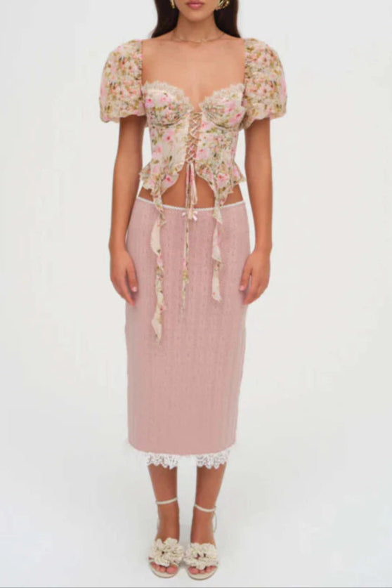 Pink Tie-Drape Chiffon Shirt with Ruffled Puff Sleeves Avalabel