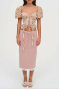 Pink Tie-Drape Chiffon Shirt with Ruffled Puff Sleeves Avalabel