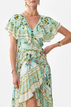 Green-Multi Printed Ruffled V-Neck Irregular Hem Silk Maxi Dress Avalabel