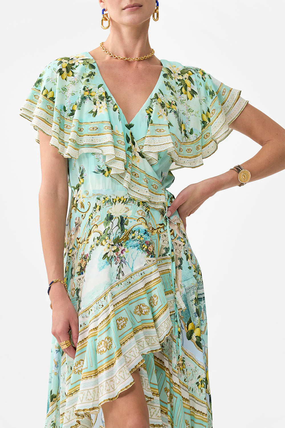 Green-Multi Printed Ruffled V-Neck Irregular Hem Silk Maxi Dress Avalabel