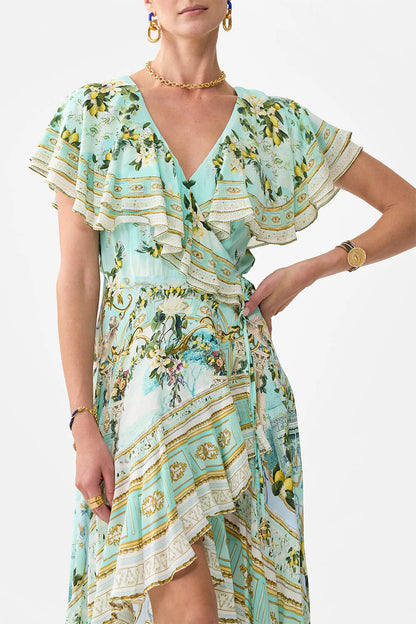 Green-Multi Printed Ruffled V-Neck Irregular Hem Silk Maxi Dress