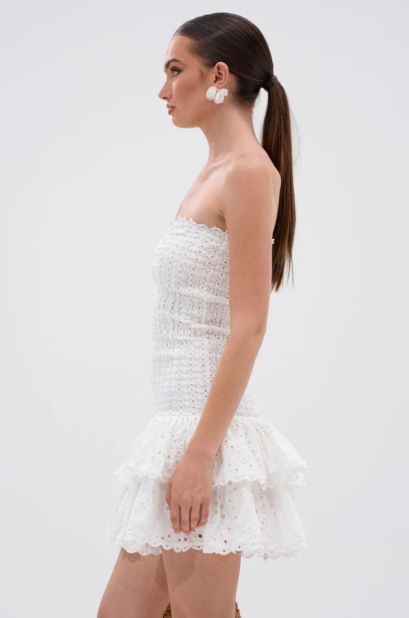eyelet layered strapless mini dress in white Avalabel