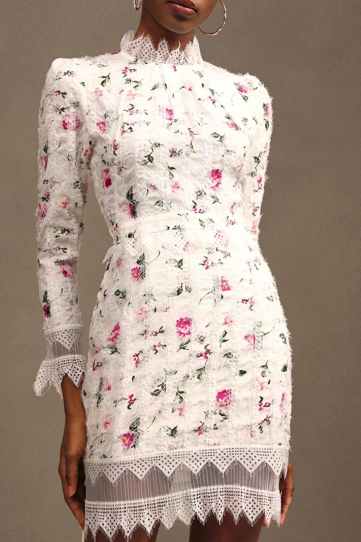 sebastiane Lace-trim long-sleeve floral midi dress in white Avalabel