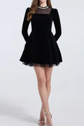 wendy Polka dots long sleeve velvet mini dress in black Avalabel