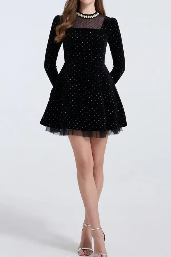 wendy Polka dots long sleeve velvet mini dress in black Avalabel