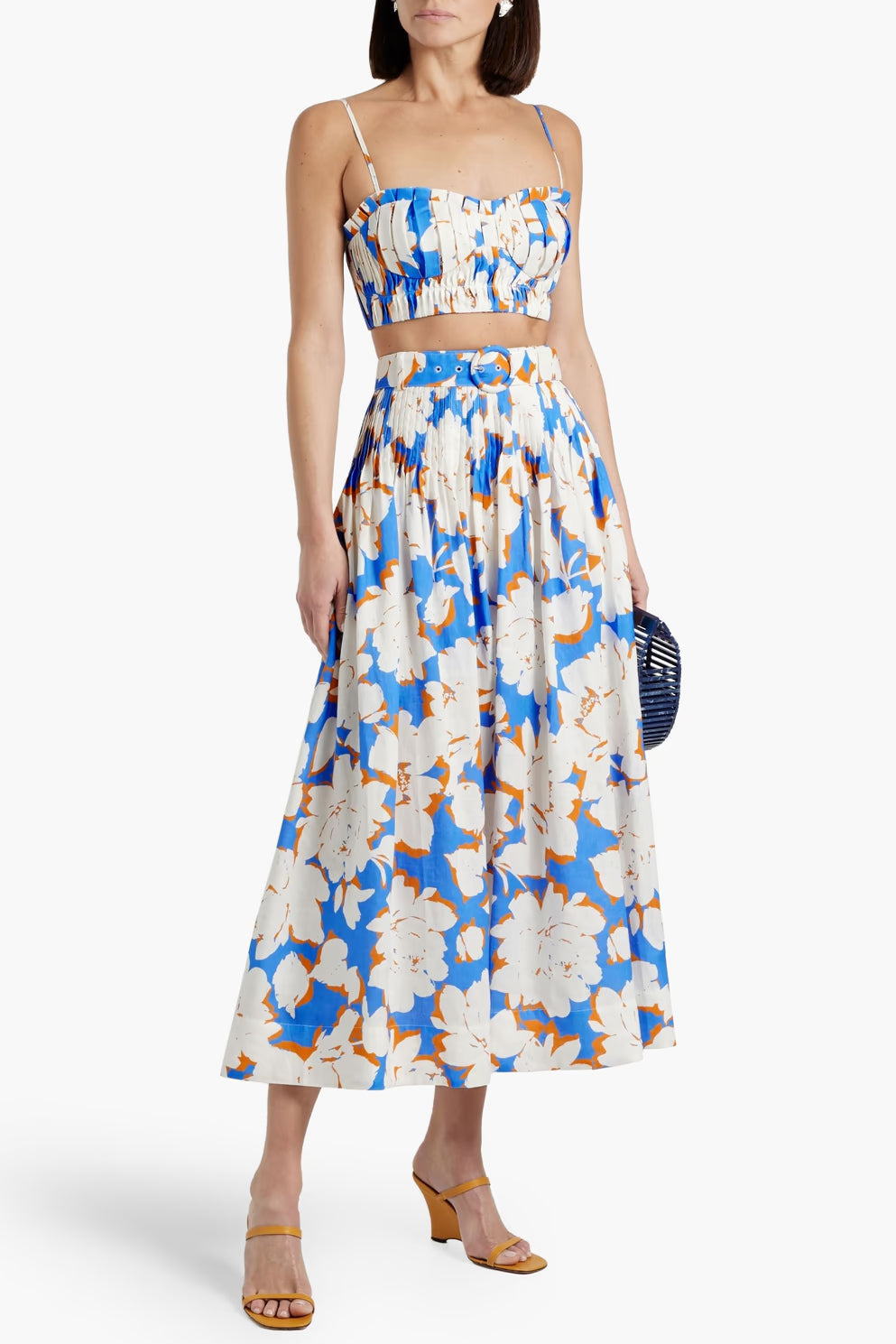 Pleated Floral-Print Linen Bustier Top Skirt Set in Blue Avalabel