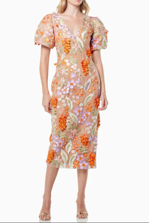 Mesh Embroidered 3D Flower V-neck Puff Sleeves Midi Dress in Orange Avalabel