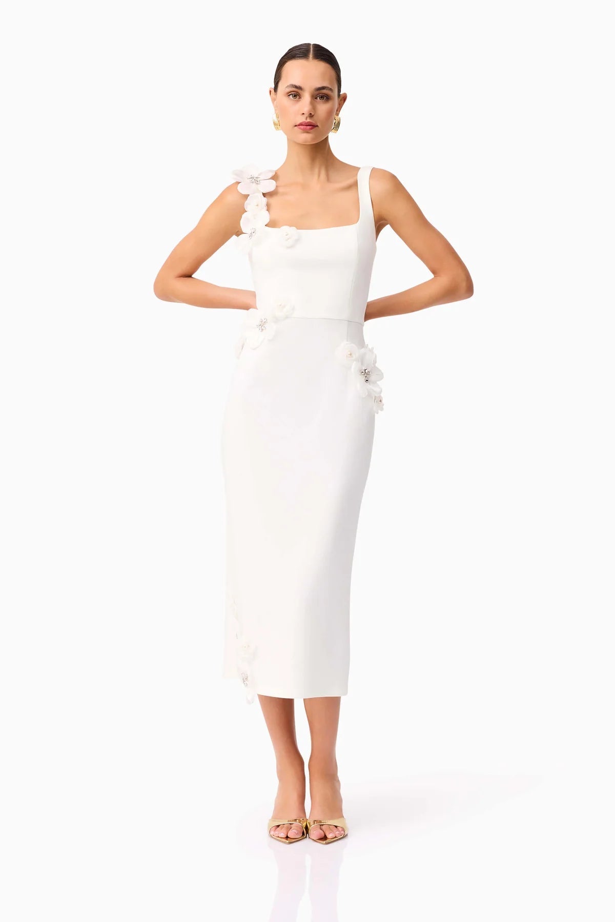 Sabrina 3D Flower Midi Dress in White Soraya