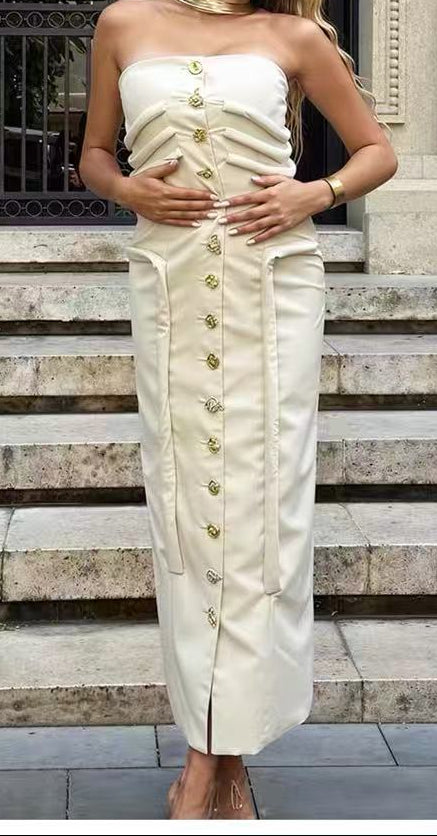 Strapless Midi Dress With Sculptural Knotted Bodice Detail And Jewel Buttons - Cream Avalabel