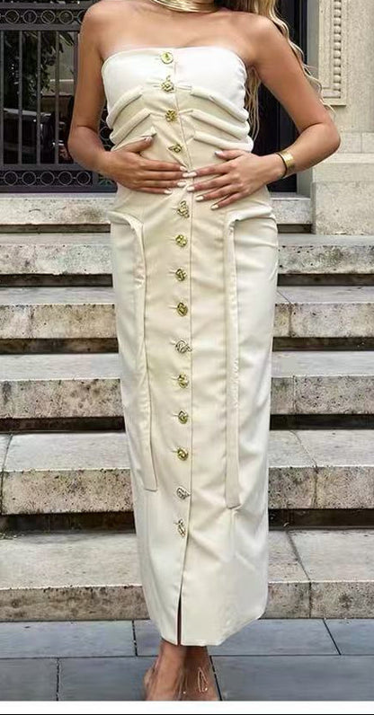 Strapless Midi Dress With Sculptural Knotted Bodice Detail And Jewel Buttons - Cream