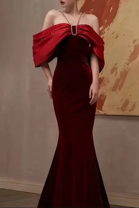 Tove Off Shoulder Velvet Maxi Dress - Red Avalabel