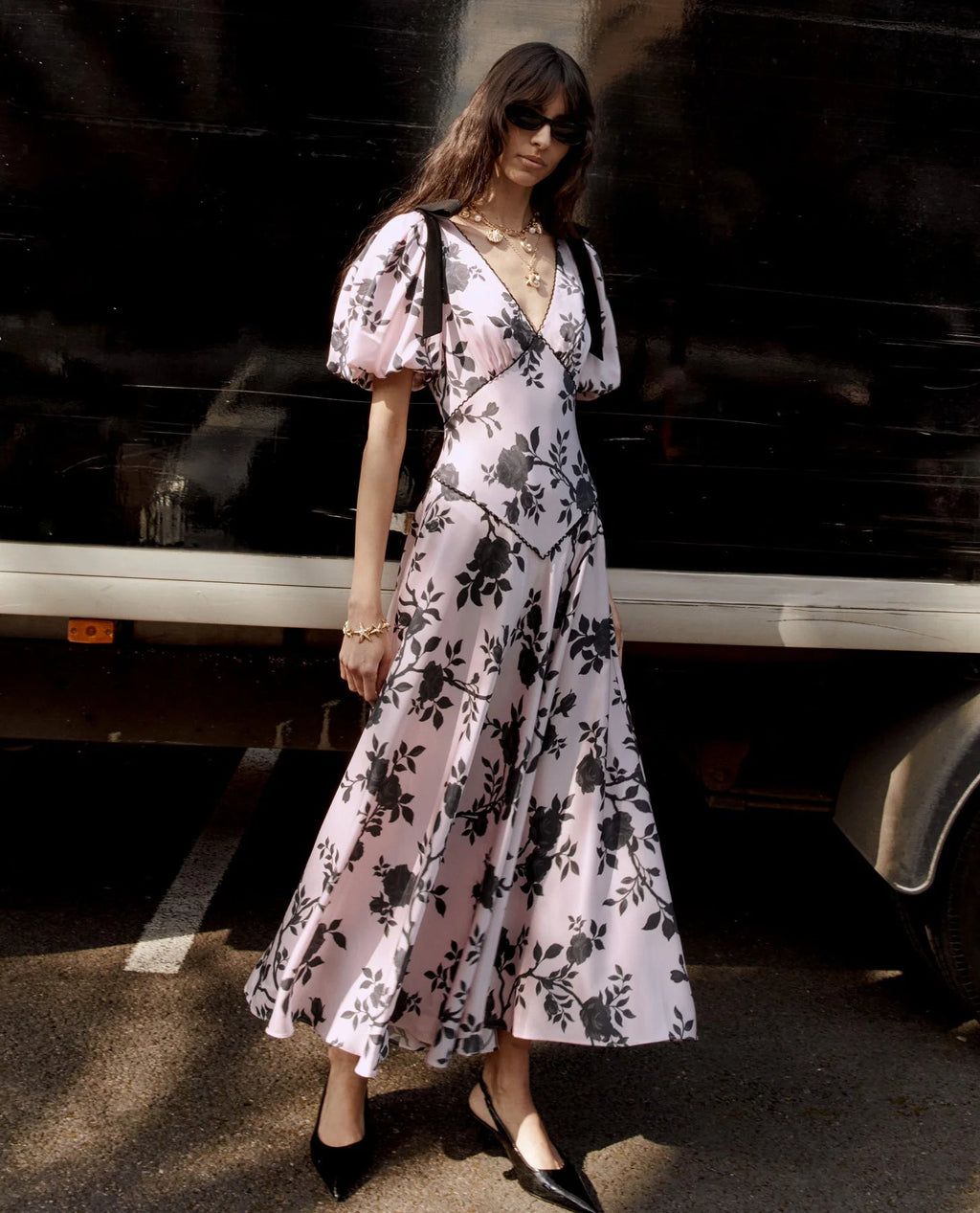 V-Neck Satin Floral Midi Dress in Pink Avalabel