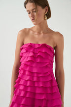 Cathy Pleated Layer Strapless Maxi Dress in Rose Red Avalabel
