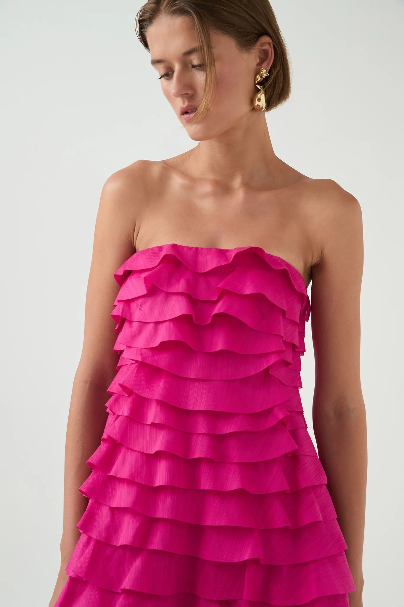 Cathy Pleated Layer Strapless Maxi Dress in Rose Red Avalabel