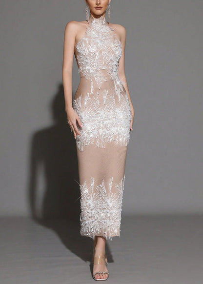 Pandora Sleeveless Beaded Tassel Sequin Bandage Maxi Dress - Khaki