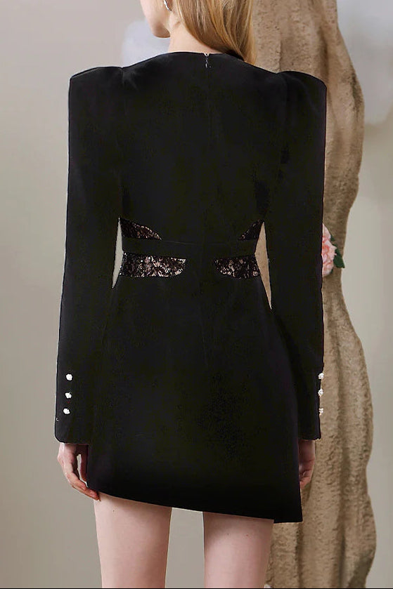 quintina black Lace V-Neck Asymmetry mini blazer dress Avalabel