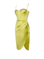 Lemon Yellow Pleated Satin Mini Dress Avalabel