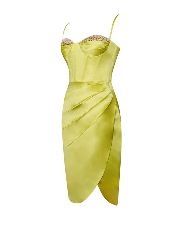 Lemon Yellow Pleated Satin Mini Dress Avalabel