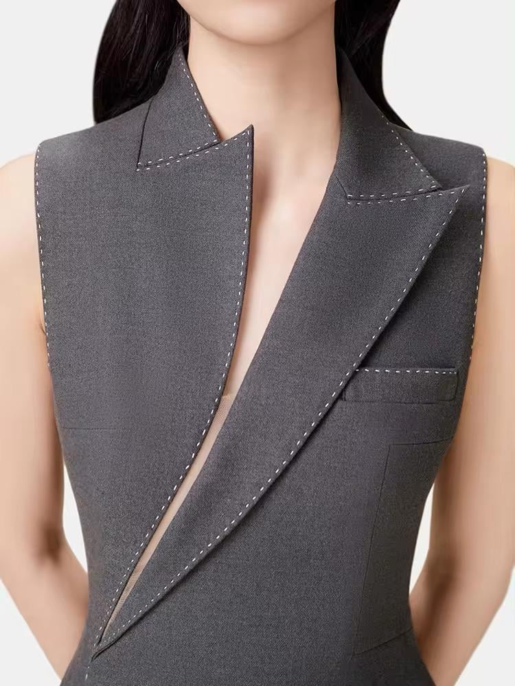Asymmetric Collar Blazer Midi Dress in Grey Avalabel