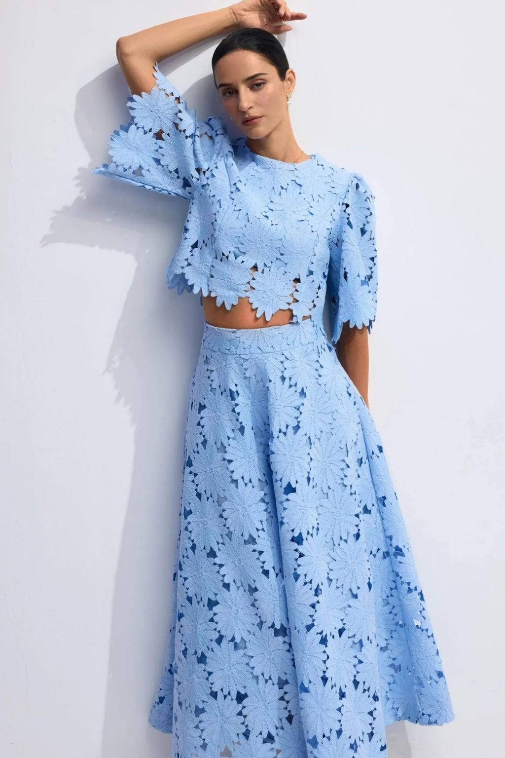 Lace Embroidered Top & Maxi Skirt Two-Piece Set in Blue Avalabel
