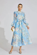 Tiffany Pale Blue Floral Printed Puff Sleeve Maxi Dress Avalabel