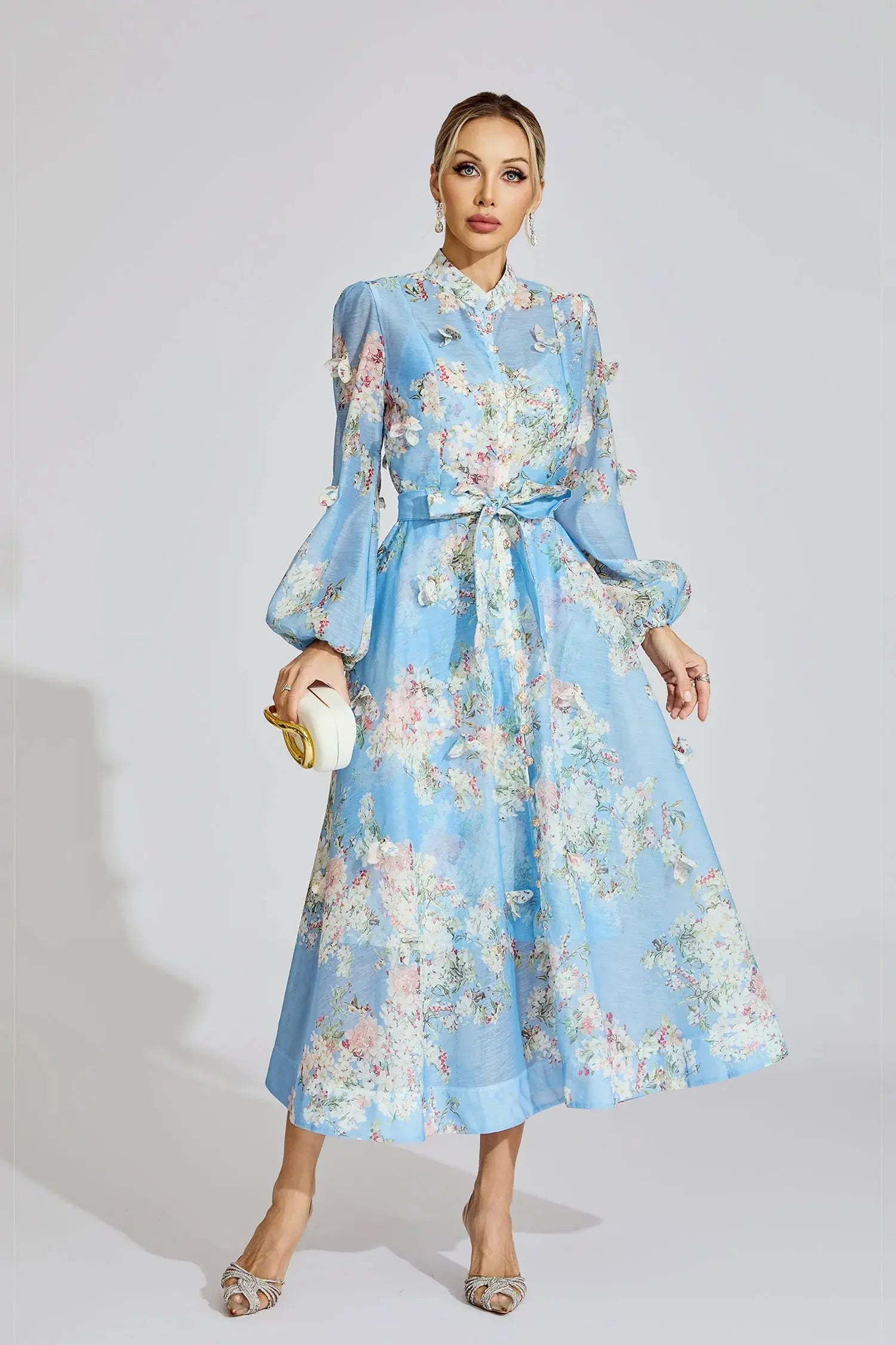 Tiffany Pale Blue Floral Printed Puff Sleeve Maxi Dress Avalabel