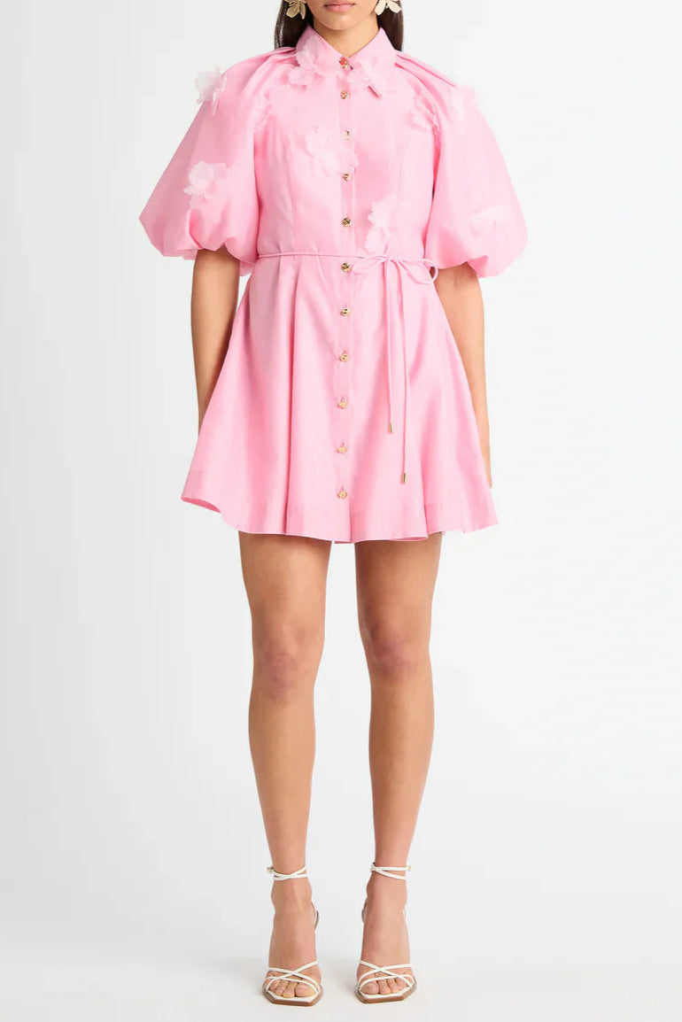 Elvira 3D-Petal Belted Mini Shirt Dress in Pink