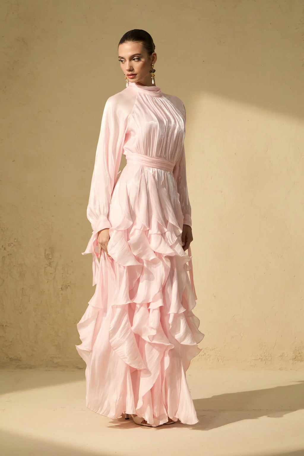 Pandora Puff Sleeve Ruffle Trim Maxi Dress in Pink Avalabel