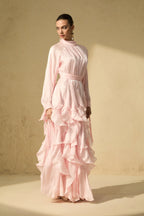 Pandora Puff Sleeve Ruffle Trim Maxi Dress in Pink Avalabel