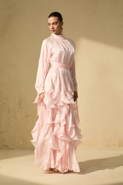 Pandora Puff Sleeve Ruffle Trim Maxi Dress in Pink