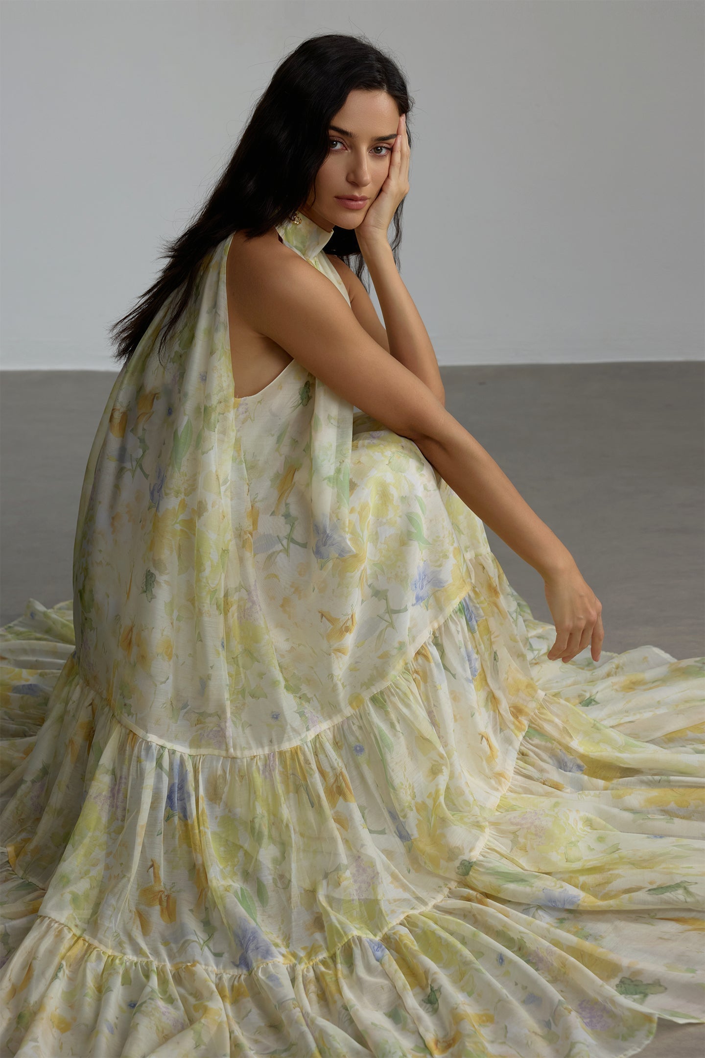 Caroline Floral Print Sleeveless Maxi Dress in Yellow Avalabel