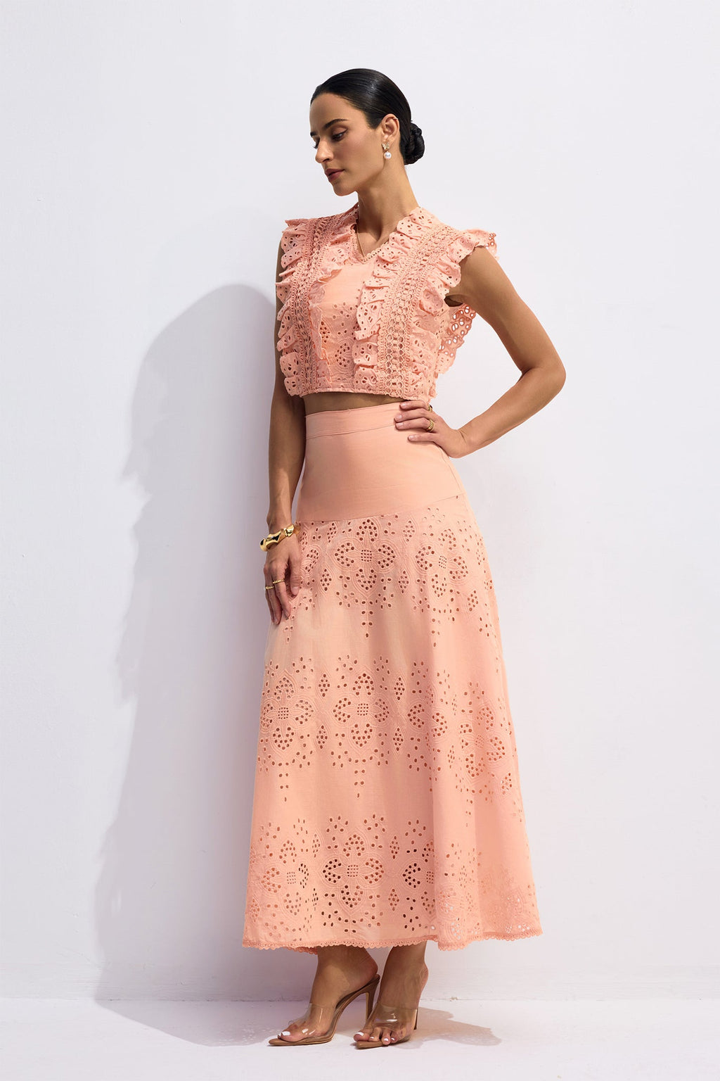 Bonnie V-Neck Embroidery Crop Top & Skirt Set in Orange Avalabel