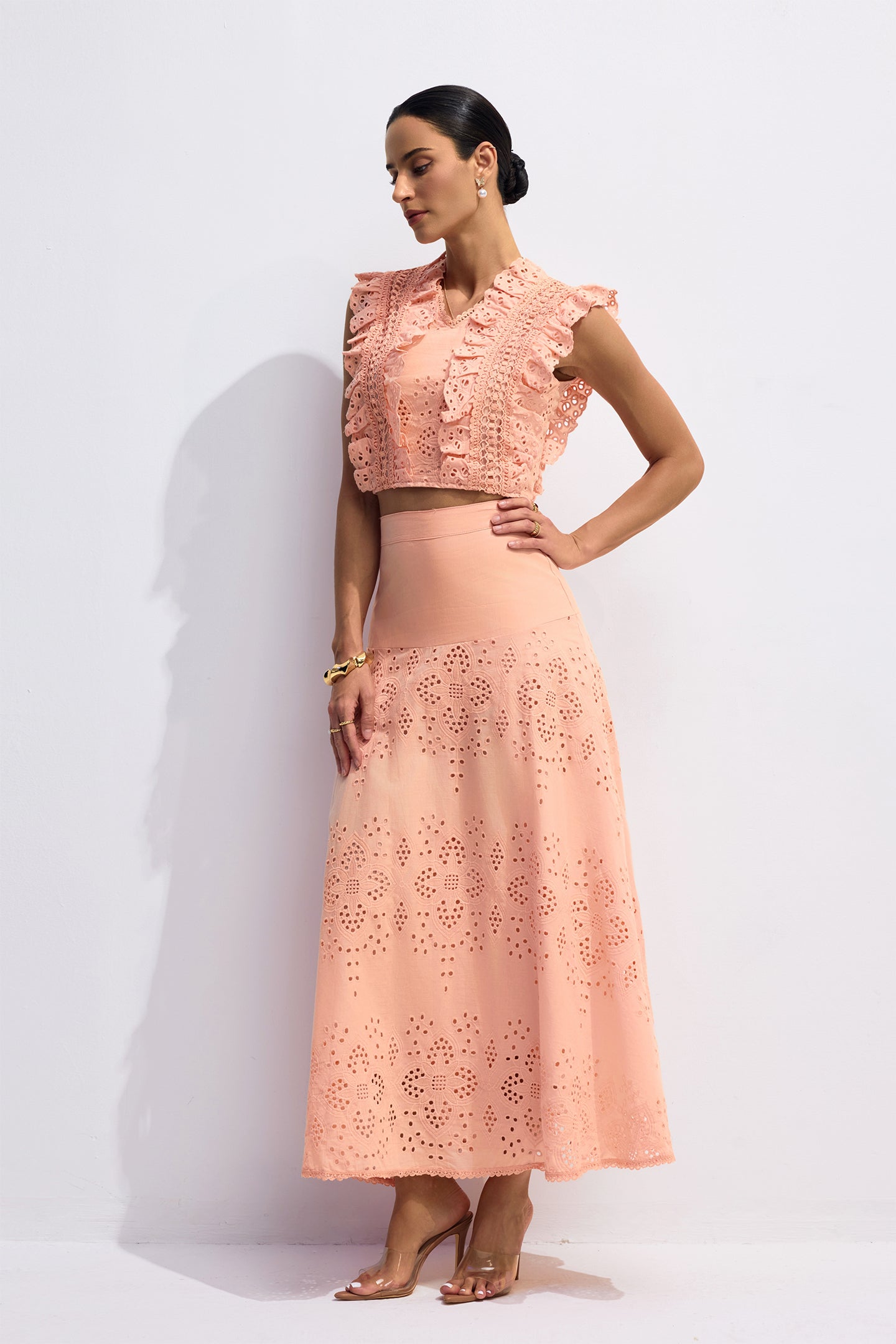 Bonnie V-Neck Embroidery Crop Top & Skirt Set in Orange