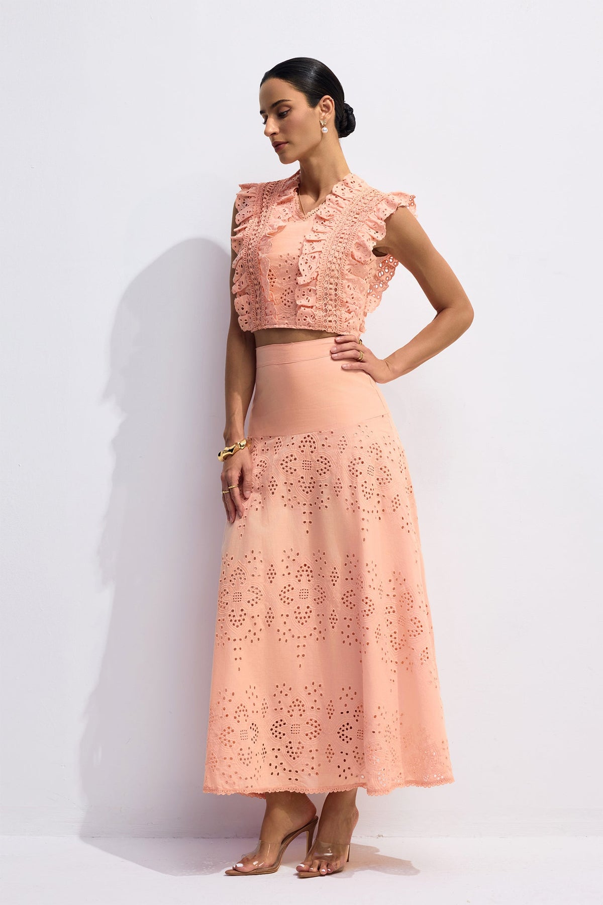 Bonnie V-Neck Embroidery Crop Top & Skirt Set in Orange Avalabel