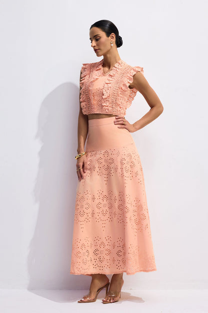 Bonnie V-Neck Embroidery Crop Top & Skirt Set in Orange