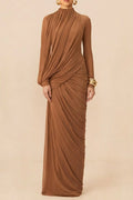 liz High Neck Asymmetric Drape ruched Maxi Dress in brown Avalabel